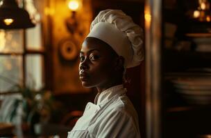 ai generado un elegante africano mujer cocinero usa blanco uniforme en restaurante foto