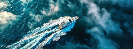 ai generado un azul barco es volador a través de el Oceano foto