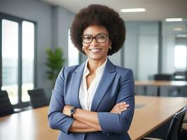 AI generated A smiling business afro business woman ceo wearing glasses Happy middle aged business woman ceo standing. Smiling mature confident professional executive manager photo