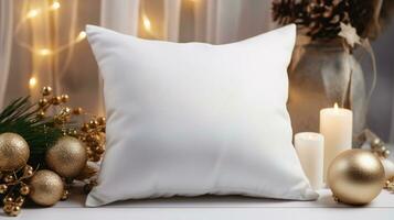 AI generated Generative AI, White pillow mockup on Christmas background with holiday decoration, copy space photo