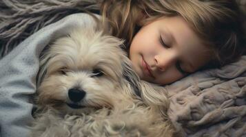 AI generated Generative AI, cute child and dog sleeping on cozy warm blanket in the bed, friendship concept, hygge style, muted aesthetic colors photo