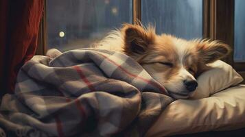 AI generated Generative AI, cute dog sleeping on cozy warm blanket near the window, hygge style photo