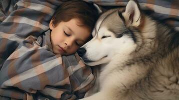 AI generated Generative AI, cute child and dog sleeping on cozy warm blanket in the bed, friendship concept, hygge style, muted aesthetic colors photo