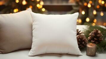 AI generated Generative AI, White pillow mockup on Christmas background with holiday decoration, copy space photo