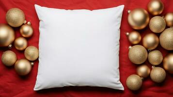 AI generated Generative AI, White pillow mockup on Christmas background with holiday decoration, copy space photo