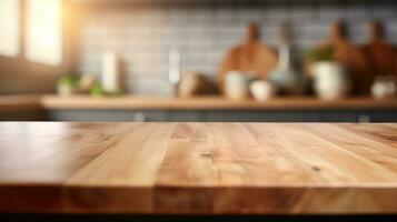 ai generado generativo ai, vacío de madera mesa en borroso moderno cocina antecedentes con Copiar espacio foto