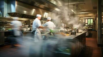 ai generado generativo ai, ocupado cocineros trabajando en el restaurante cocina en movimiento difuminar, velocidad foto