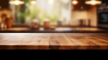 AI generated Generative AI, empty wooden tabletop on blurred modern kitchen background with copy space photo