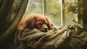 AI generated Generative AI, cute dog sleeping on cozy warm blanket near the window, hygge style photo