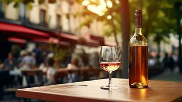 AI generated Generative AI, glass of wine and bottle on wooden table with blur background with lights of street bar, cafe, coffee shop or restaurant, wine mock up photo