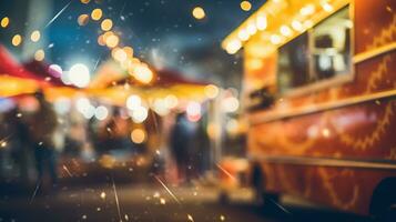 AI generated Generative AI, Food truck street festival, blurred lights background, atmospheric bokeh, muted colors photo