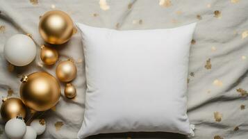 AI generated Generative AI, White pillow mockup on Christmas background with holiday decoration, copy space photo