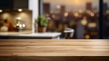AI generated Generative AI, empty wooden tabletop on blurred modern kitchen background with copy space photo