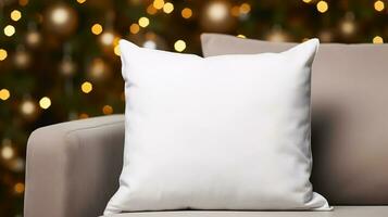 AI generated Generative AI, White pillow mockup on Christmas background with holiday decoration, copy space photo