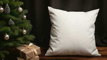 AI generated Generative AI, White pillow mockup on Christmas background with holiday decoration, copy space photo