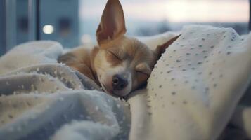 AI generated Generative AI, cute dog sleeping on cozy warm blanket near the window, hygge style photo