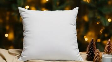 AI generated Generative AI, White pillow mockup on Christmas background with holiday decoration, copy space photo