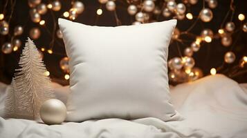 AI generated Generative AI, White pillow mockup on Christmas background with holiday decoration, copy space photo