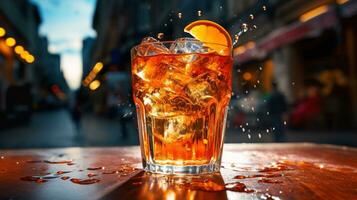 AI generated Generative AI, glass of Aperol Spritz on wooden table with blur background with lights of street bar, cafe or restaurant photo