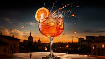 AI generated Generative AI, glass of Aperol Spritz on wooden table with blur background with lights of street bar, cafe or restaurant photo