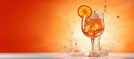 AI generated Generative AI, glass of Aperol Spritz on neutral background with splashes, copy space for advertising photo