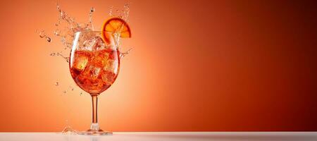 AI generated Generative AI, glass of Aperol Spritz on neutral background with splashes, copy space for advertising photo