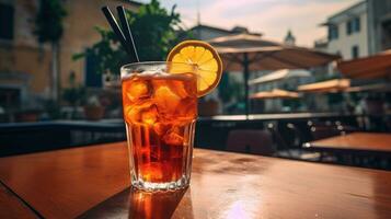 AI generated Generative AI, glass of Aperol Spritz on wooden table with blur background with lights of street bar, cafe or restaurant photo