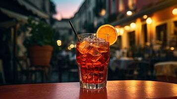 AI generated Generative AI, glass of Aperol Spritz on wooden table with blur background with lights of street bar, cafe or restaurant photo