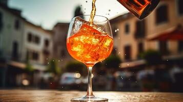 AI generated Generative AI, glass of Aperol Spritz on wooden table with blur background with lights of street bar, cafe or restaurant photo