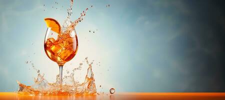 AI generated Generative AI, glass of Aperol Spritz on neutral background with splashes, copy space for advertising photo