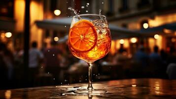 AI generated Generative AI, glass of Aperol Spritz on wooden table with blur background with lights of street bar, cafe or restaurant photo