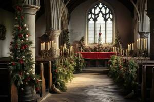 AI generated an empty church decorated for christmas with christmas trees photo