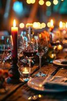 AI generated a table full of wine glasses with candles on the table photo