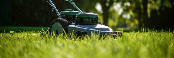 AI generated lawn mower on a green lawn with sunlight in the background photo