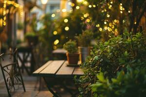 AI generated an outdoor space with a table, chairs, and greenery photo