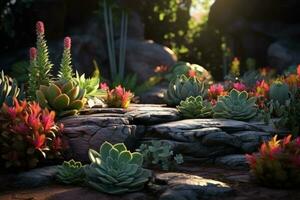 AI generated beautiful landscape design with succulents, stones, and flowers photo