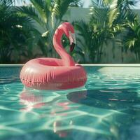 AI generated an inflated pink flamingo in a swimming pool photo