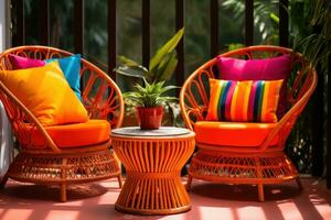 AI generated beautiful chair set on balcony in bright shades of color photo