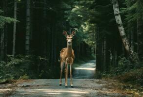 ai generado un hermosa ciervo soportes en el la carretera en el bosque foto
