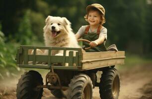 ai generado un pequeño chico emprendedor su perro en un de madera camión foto