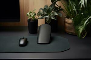 AI generated a desk with a black computer mouse and a plant or two photo