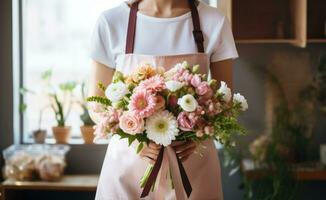 AI generated a florist in an apron with several bouquets and flowers photo