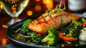 AI generated a grilled salmon and broccoli dinner with white wine on a black plate photo