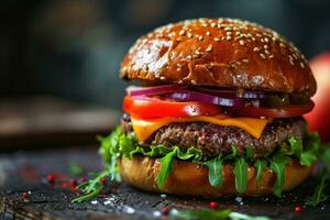 AI generated hamburger on black plate with tomatoes, cheese, lettuce and some ice cream photo