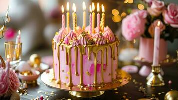 ai generado un rosado cumpleaños pastel adornado con oro goteo Formación de hielo foto