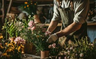 ai generado un hombre en un delantal arreglando flores en contenedores foto