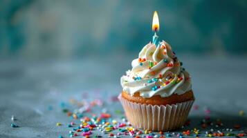 AI generated birthday cupcake with candle on minimalist background photo