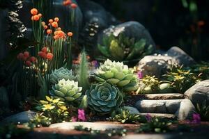AI generated beautiful landscape design with succulents, stones, and flowers photo