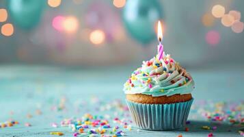 AI generated birthday cupcake with candle on minimalist background photo