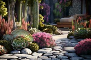 AI generated beautiful landscape design with succulents, stones, and flowers photo